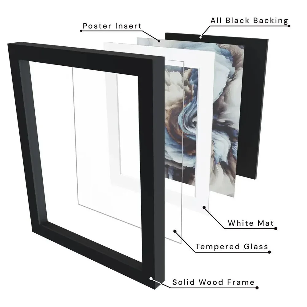 Frame Amo 19x26 Black Solid Wood Poster Frame White Mat 15x22 Tempered Glass Wal